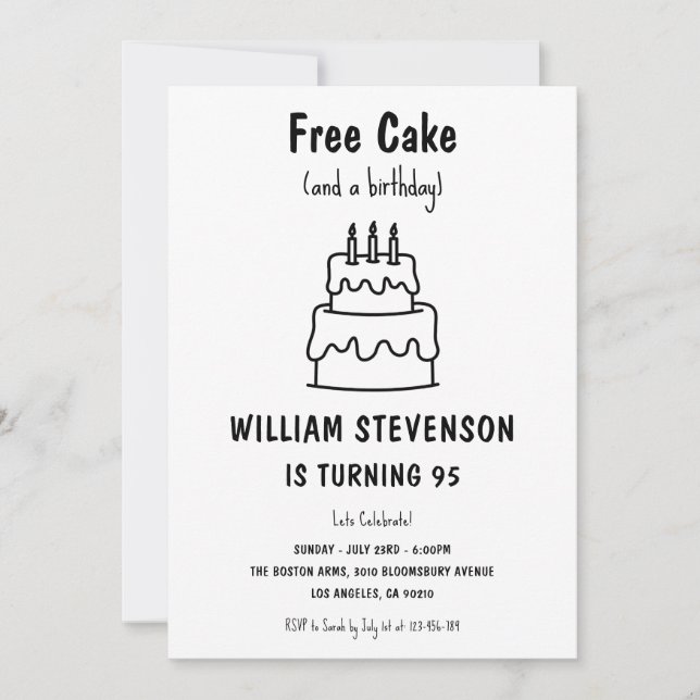 Funny Free Cake Joke Simple Quirky 95th Birthday Invitation (Front)
