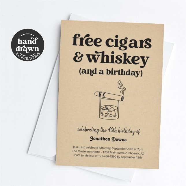 Funny Free Cigars & Whiskey Mens Birthday Party Invitation (Creator Uploaded)