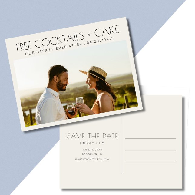 Funny Free Cocktails Cake Wedding Save the Date Announcement Postcard (Funny Free Cocktails Cake Wedding Save the Date Announcement Postcard)