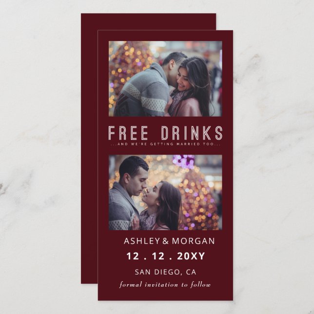 Funny Free Drinks Photo Wedding save The Date Anno Announcement (Front/Back)