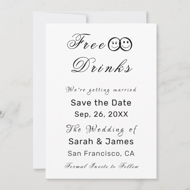 Funny Free Drinks Photo Wedding Save the Date Invitation (Front)