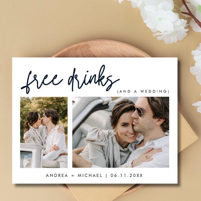 Funny Free Drinks Two Photo Wedding Save the Date Announcement Postcard (Funny Free Drinks Two Photo Wedding Save the Date Postcard)