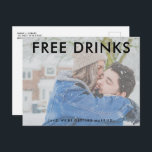 Funny Free Opaque Photo Wedding Save the Dates Announcement Postcard<br><div class="desc">Save the date postcards that are for the fun couple who can't wait to share their wedding date with their family and friends. Funny "Free drinks (and we're getting married) design is customised with your opaque photo on the front. Add your return address and wedding details to the backside of...</div>