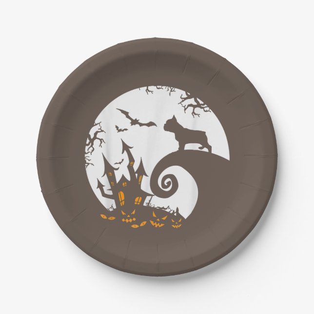 Funny French Bulldog And Moon Halloween Costume Paper Plate (Front)