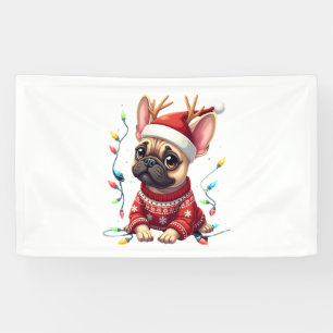 Funny French Bulldog Christmas Light Santa Hat Rei Banner