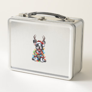 Funny French Bulldog Christmas Light Santa Hat Rei Metal Lunch Box