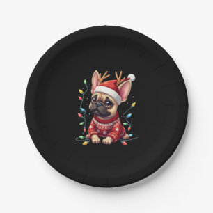 Funny French Bulldog Christmas Light Santa Hat Rei Paper Plate