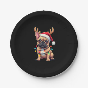 Funny French Bulldog Christmas Light Santa Hat Rei Paper Plate