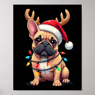 Funny French Bulldog Christmas Light Santa Hat Rei Poster