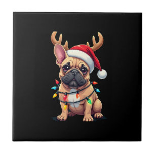 Funny French Bulldog Christmas Light Santa Hat Rei Tile