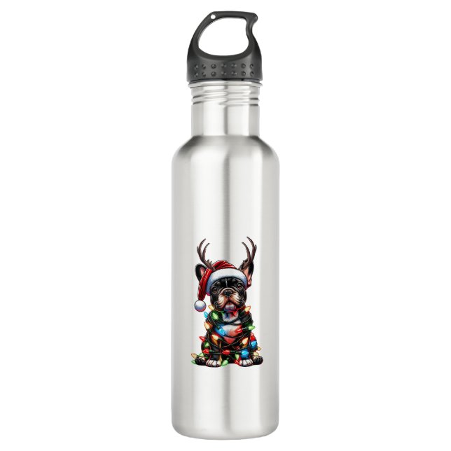 Funny French Bulldog Christmas Santa Hat Light Rei 710 Ml Water Bottle (Front)
