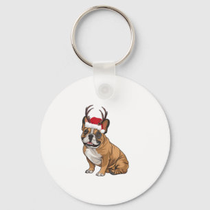 Funny French Bulldog Christmas Santa Hat Reindeer Key Ring