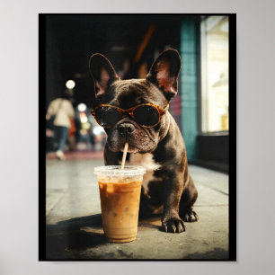Funny french bulldog drinking iced coffee cool dog poster