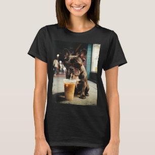 Funny french bulldog drinking iced coffee cool dog T-Shirt