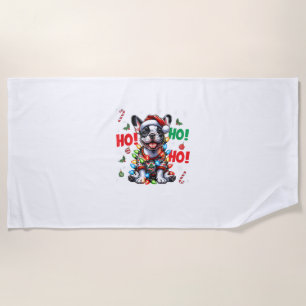 Funny French Bulldog HO HO HO Christmas Santa Hat  Beach Towel