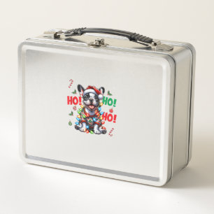 Funny French Bulldog HO HO HO Christmas Santa Hat Metal Lunch Box