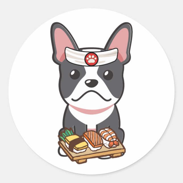 Funny french bulldog is a sushi chef classic round sticker (Front)