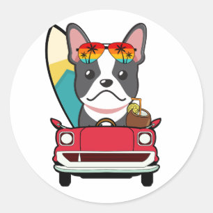 Funny French BullDog is driving to the beach Classic Round Sticker