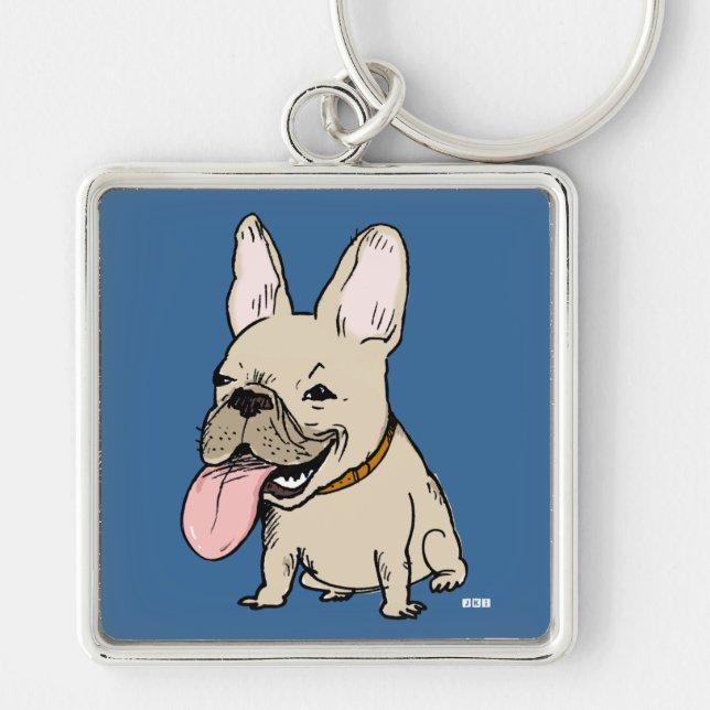 Funny French Bulldog with Huge Tongue Sticking Out Key Ring (Front)