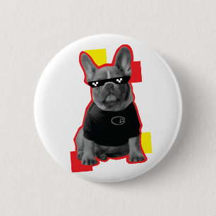 Funny French Bulldog With Pixel Sunglasses Button 