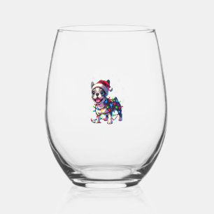 Funny French Bulldogs Christmas Santa Hat Lights S Stemless Wine Glass