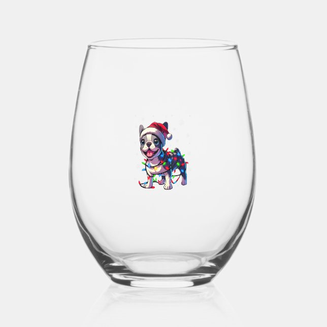 Funny French Bulldogs Christmas Santa Hat Lights S Stemless Wine Glass (Front)