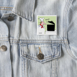 Funny French Chef with Kettle on Stove Cartoon 15 Cm Square Badge