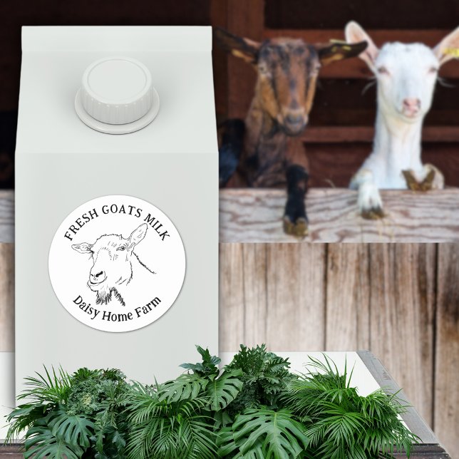 Funny Fresh Goats Milk Business Name Classic Round Sticker (Fresh goats milk custom business produce label, Simple black and white goat drawing  business name)