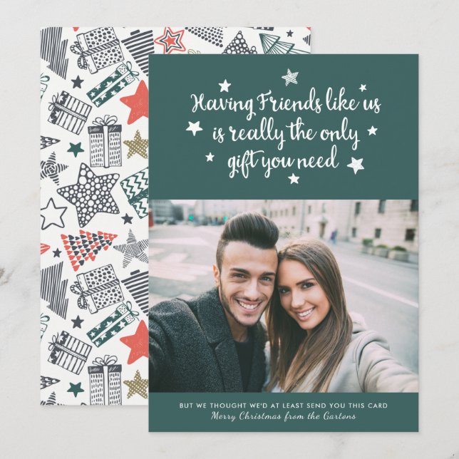 Funny Friends Modern Christmas Photo Green Holiday Card (Front/Back)