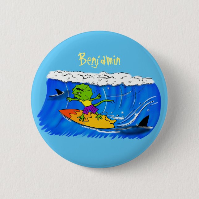 Funny frilled neck lizard surfing cartoon 6 cm round badge (Front)