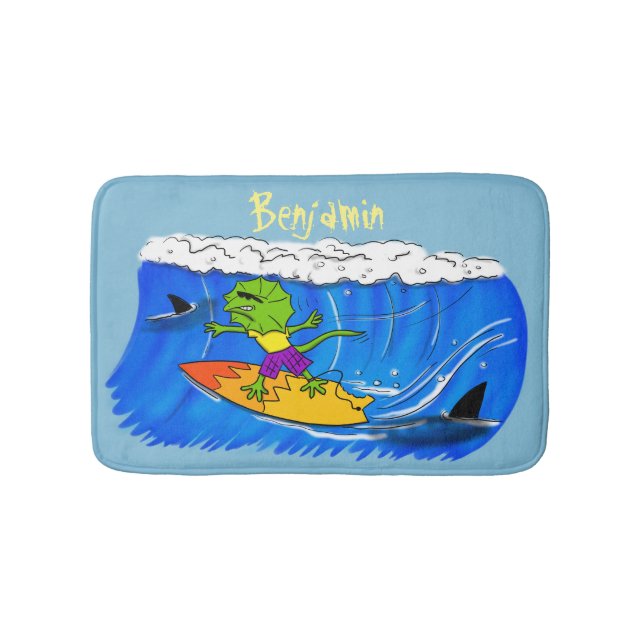 Funny frilled neck lizard surfing cartoon bath mat (Front)