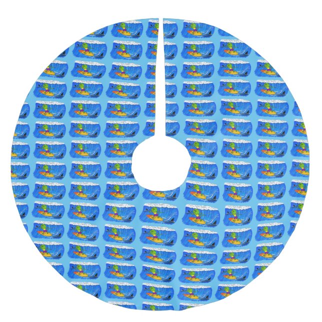 Funny frilled neck lizard surfing cartoon brushed polyester tree skirt (Front)