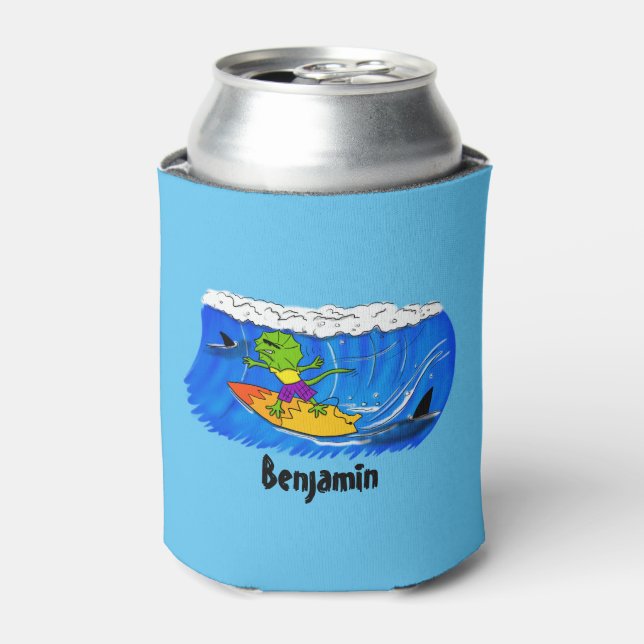 Funny frilled neck lizard surfing cartoon can cooler (Can Front)