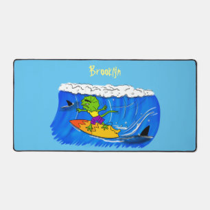 Funny frilled neck lizard surfing cartoon desk mat