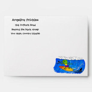 Funny frilled neck lizard surfing cartoon envelope