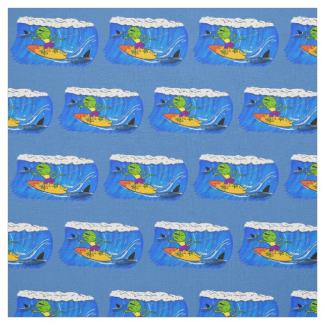Funny frilled neck lizard surfing cartoon fabric (Swatch)