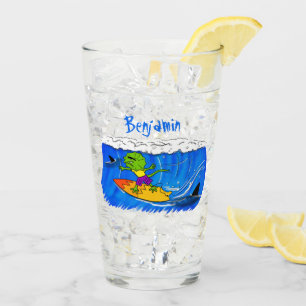 Funny frilled neck lizard surfing cartoon glass