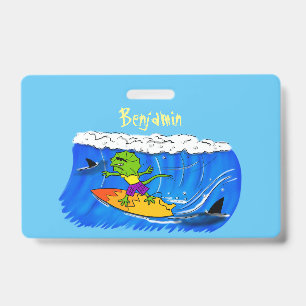 Funny frilled neck lizard surfing cartoon ID badge