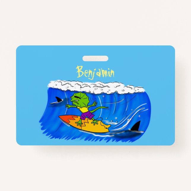 Funny frilled neck lizard surfing cartoon ID badge (Front)