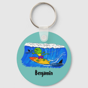 Funny frilled neck lizard surfing cartoon key ring