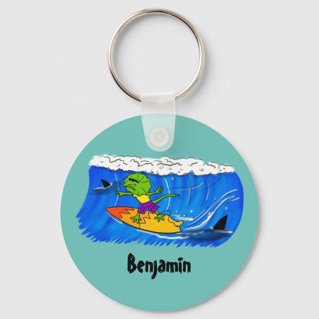 Funny frilled neck lizard surfing cartoon key ring (Front)