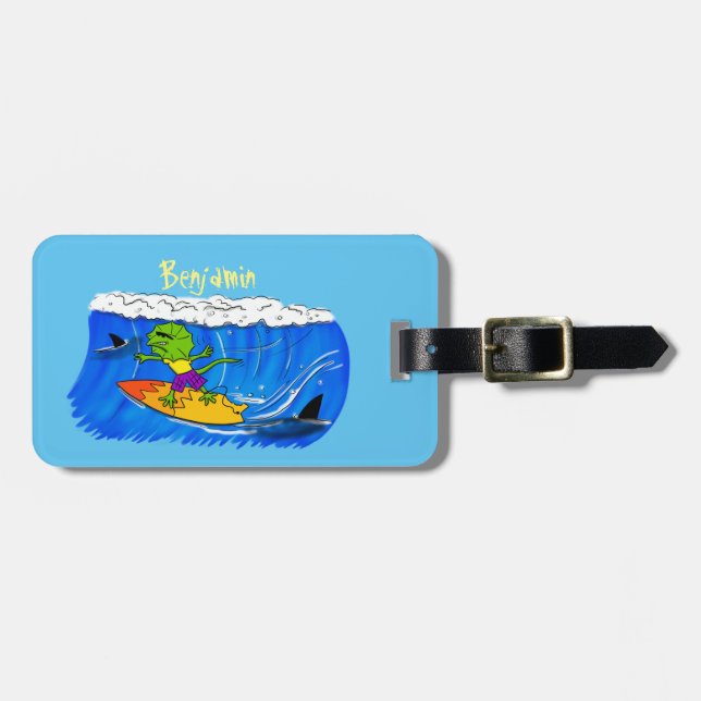 Funny frilled neck lizard surfing cartoon luggage tag (Front Horizontal)