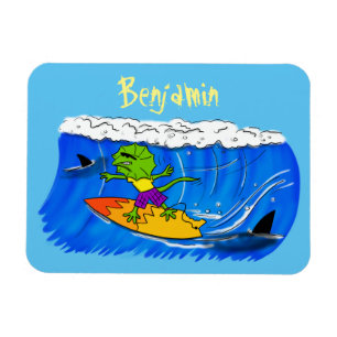 Funny frilled neck lizard surfing cartoon magnet
