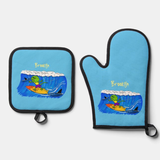 Funny frilled neck lizard surfing cartoon oven mitt & pot holder set (Front)