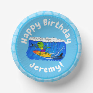 Funny frilled neck lizard surfing cartoon paper plate