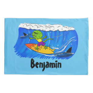 Funny frilled neck lizard surfing cartoon pillowcase