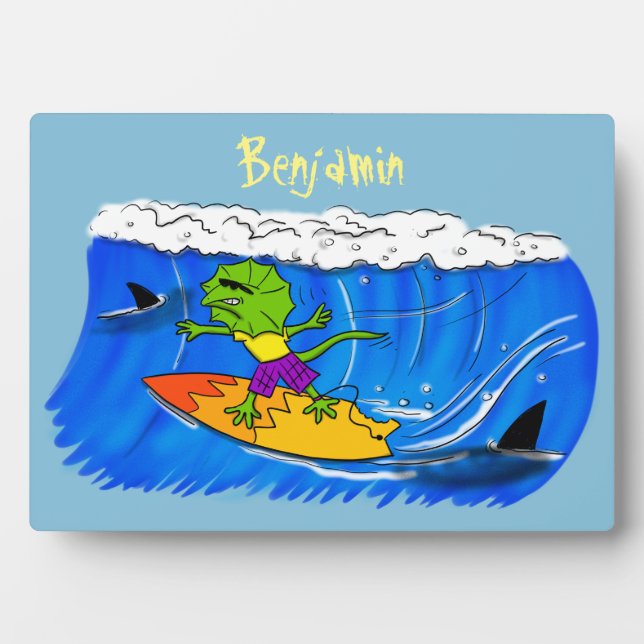 Funny frilled neck lizard surfing cartoon plaque (Front)