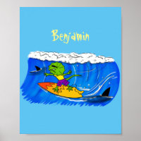Funny frilled neck lizard surfing cartoon