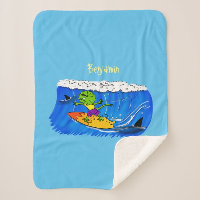 Funny frilled neck lizard surfing cartoon sherpa blanket (Front)