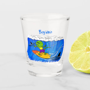 Funny frilled neck lizard surfing cartoon  shot glass